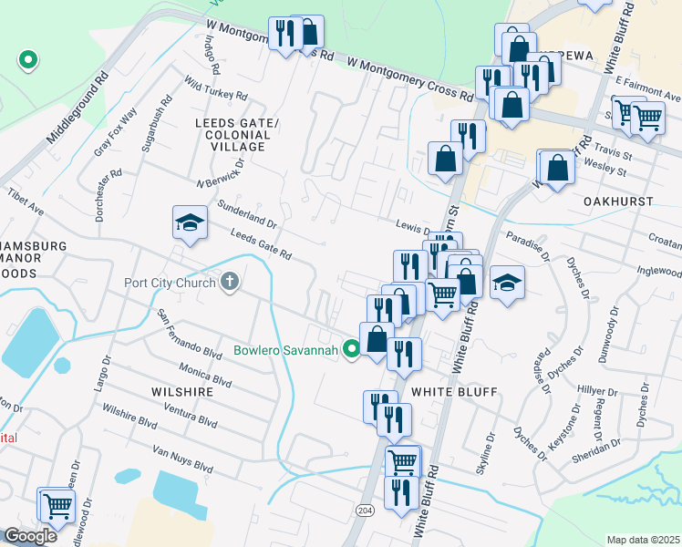 map of restaurants, bars, coffee shops, grocery stores, and more near 221 Executive Circle in Savannah
