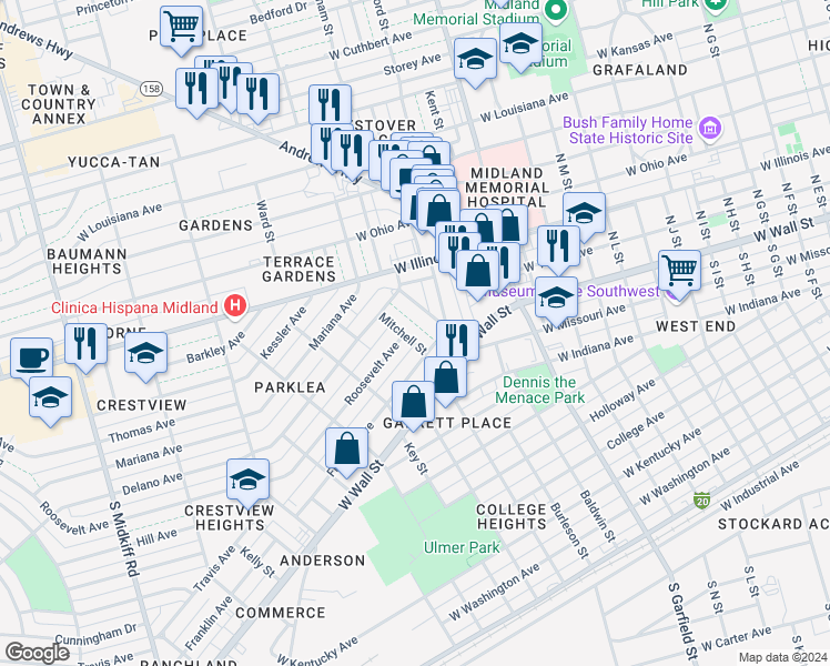 map of restaurants, bars, coffee shops, grocery stores, and more near 208 Mitchell Street in Midland