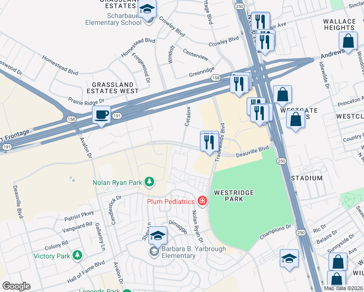 map of restaurants, bars, coffee shops, grocery stores, and more near Deauville Boulevard in Midland