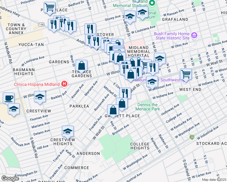 map of restaurants, bars, coffee shops, grocery stores, and more near 200 Mitchell Street in Midland