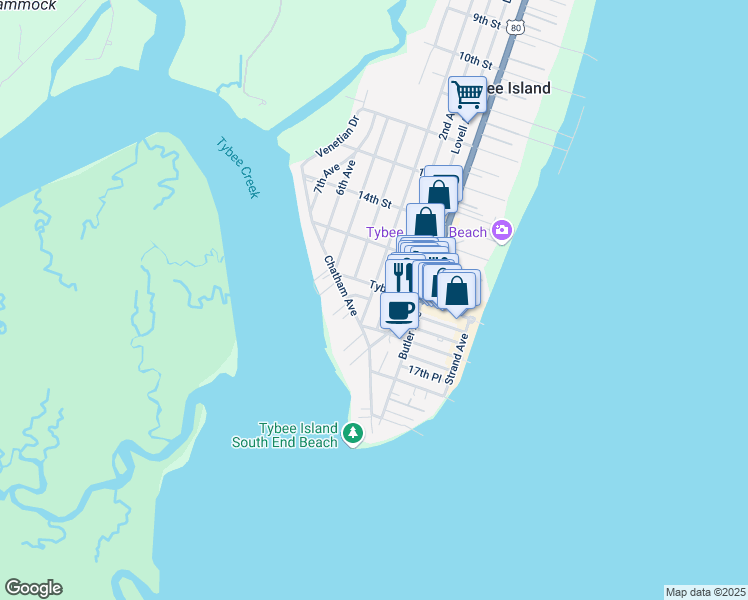 map of restaurants, bars, coffee shops, grocery stores, and more near 1612 Jones Avenue in Tybee Island