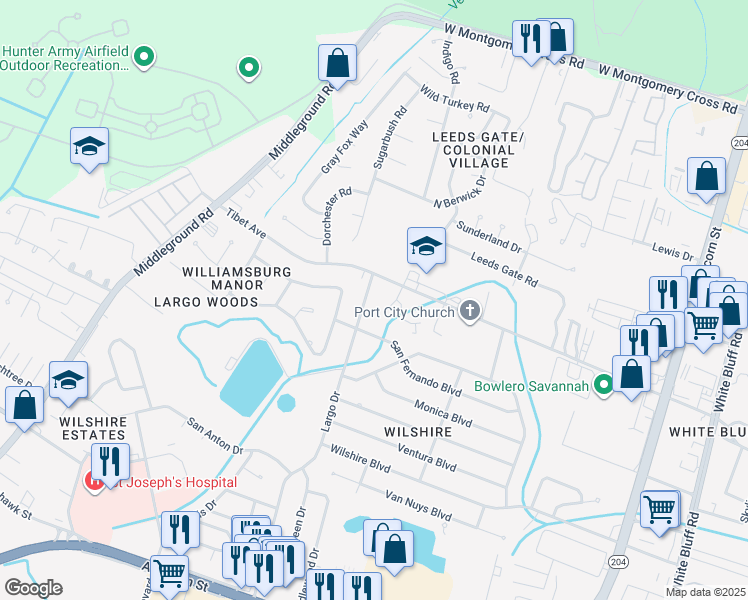 map of restaurants, bars, coffee shops, grocery stores, and more near 10911 Largo Drive in Savannah