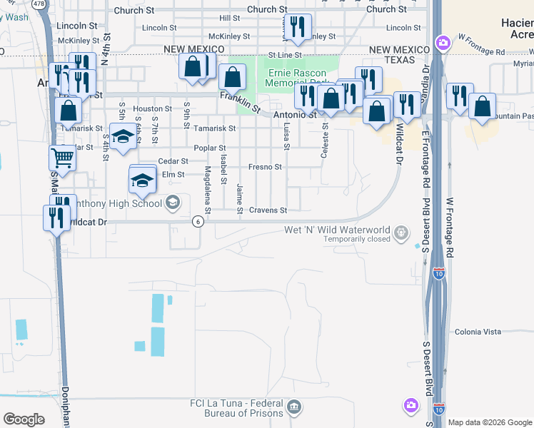 map of restaurants, bars, coffee shops, grocery stores, and more near 1306 Cravens Street in Anthony