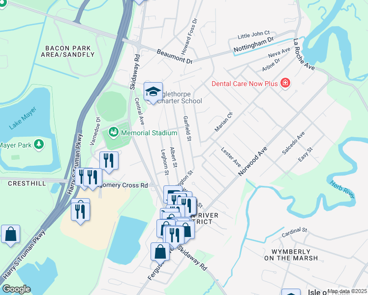 map of restaurants, bars, coffee shops, grocery stores, and more near 7322 Grant Street in Savannah