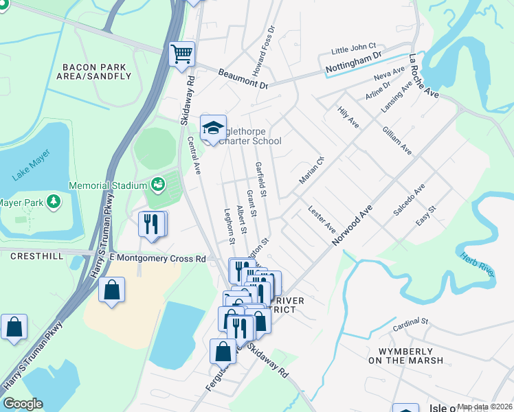 map of restaurants, bars, coffee shops, grocery stores, and more near 7330 Grant Street in Savannah