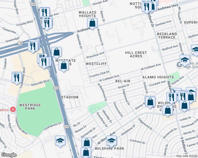 map of restaurants, bars, coffee shops, grocery stores, and more near 921 North Bentwood Drive in Midland