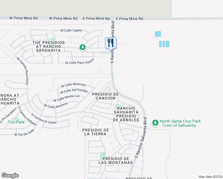 map of restaurants, bars, coffee shops, grocery stores, and more near 14218 South Vía Horma in Sahuarita