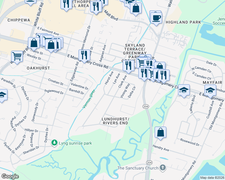 map of restaurants, bars, coffee shops, grocery stores, and more near 8616 Lyn Avenue in Savannah
