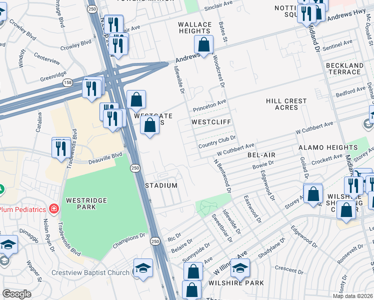 map of restaurants, bars, coffee shops, grocery stores, and more near 4804 Cuthbert Avenue in Midland