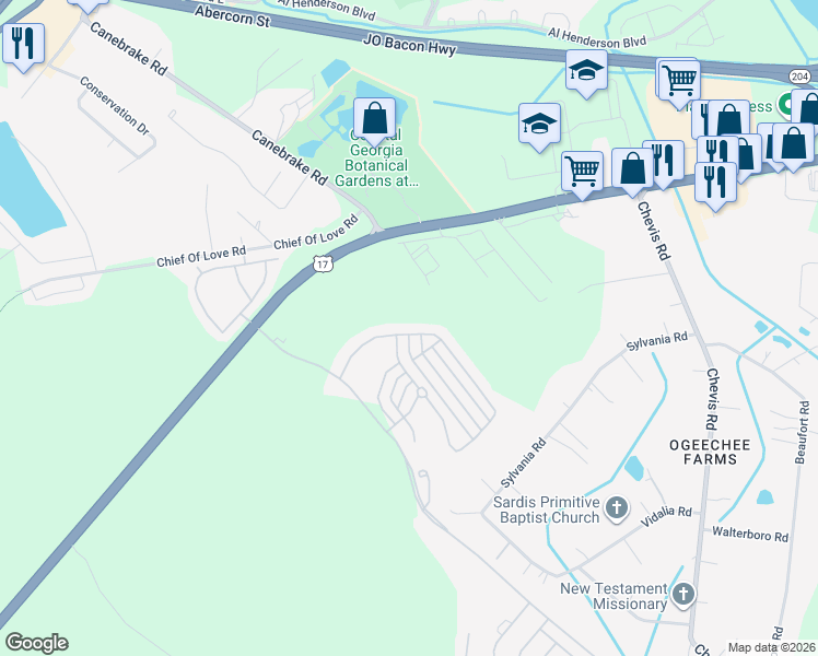 map of restaurants, bars, coffee shops, grocery stores, and more near 7 Fiore Drive in Savannah