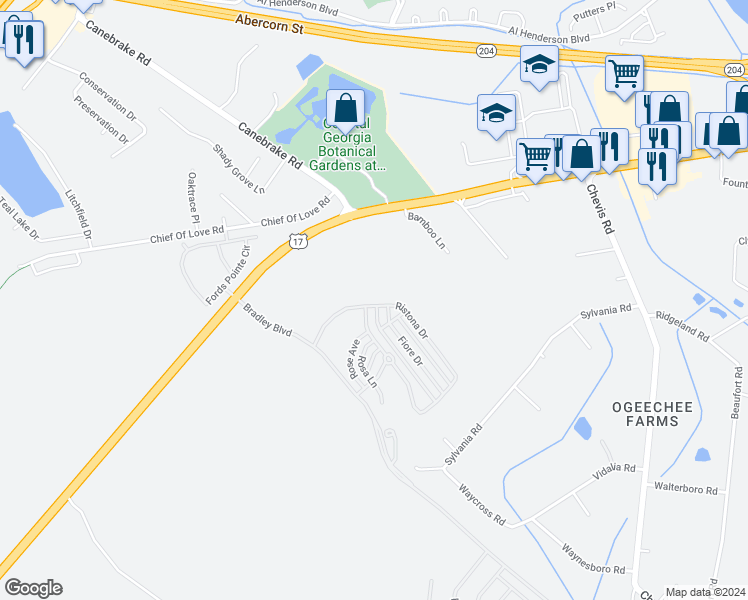 map of restaurants, bars, coffee shops, grocery stores, and more near 50 Ristona Drive in Savannah