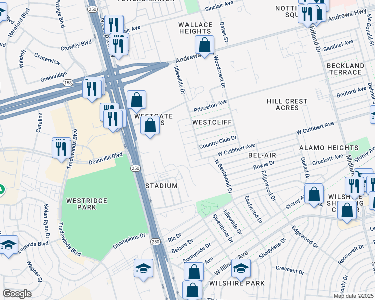 map of restaurants, bars, coffee shops, grocery stores, and more near 4804 Cuthbert Avenue in Midland
