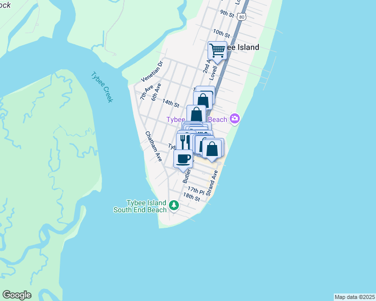 map of restaurants, bars, coffee shops, grocery stores, and more near 106 Tybrisa Street in Tybee Island
