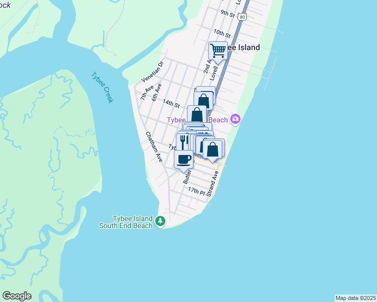 map of restaurants, bars, coffee shops, grocery stores, and more near 106 Tybrisa Street in Tybee Island