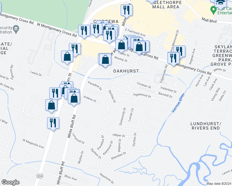 map of restaurants, bars, coffee shops, grocery stores, and more near 4 Leach Drive in Savannah