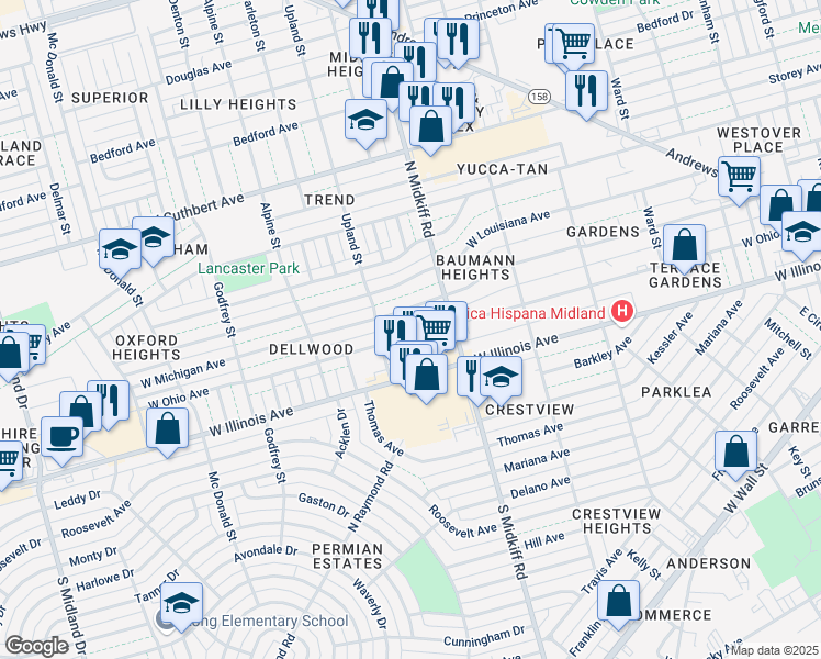map of restaurants, bars, coffee shops, grocery stores, and more near 3314 West Ohio Avenue in Midland