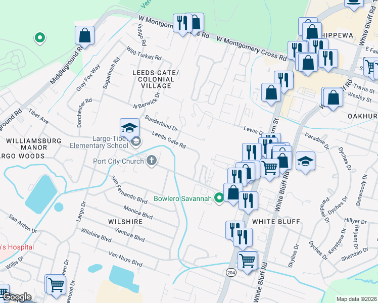 map of restaurants, bars, coffee shops, grocery stores, and more near 210 Leeds Gate Road in Savannah