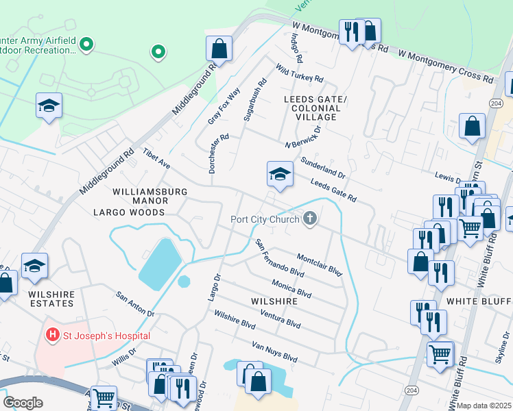 map of restaurants, bars, coffee shops, grocery stores, and more near 430 Tibet Avenue in Savannah