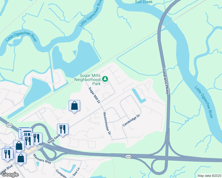 map of restaurants, bars, coffee shops, grocery stores, and more near 148 Sugar Mill Circle in Savannah