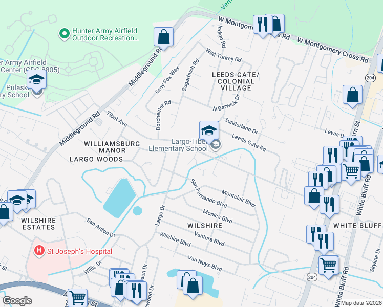 map of restaurants, bars, coffee shops, grocery stores, and more near 430 Tibet Avenue in Savannah