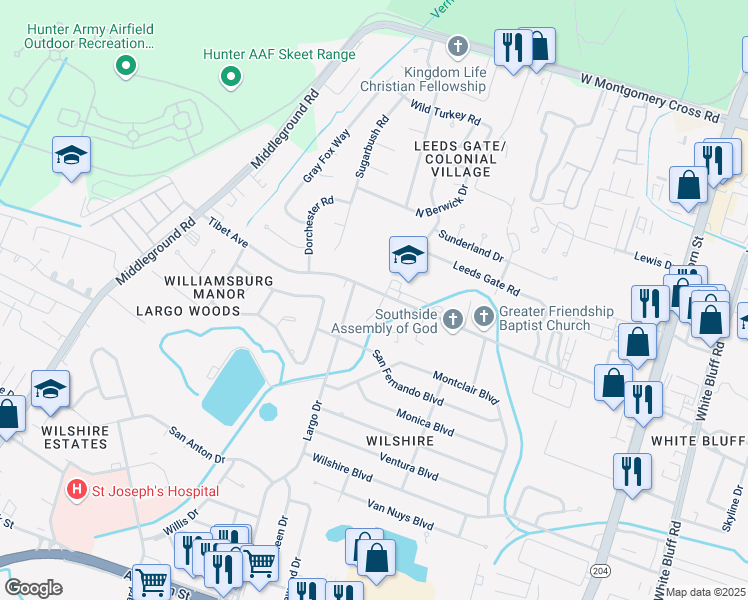 map of restaurants, bars, coffee shops, grocery stores, and more near 527 Tibet Avenue in Savannah