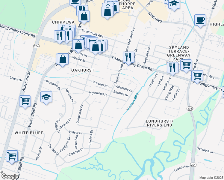 map of restaurants, bars, coffee shops, grocery stores, and more near 207 Edgewater Road in Savannah