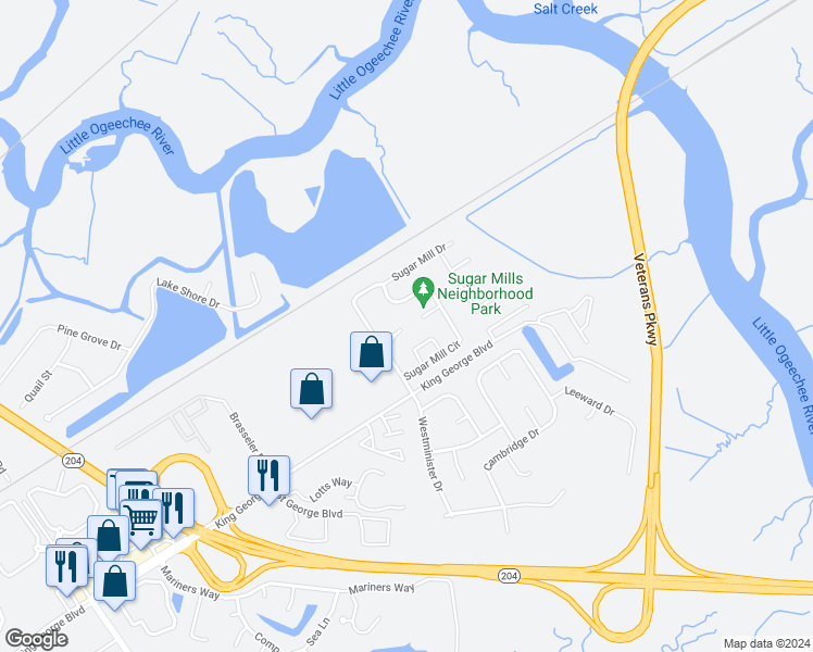 map of restaurants, bars, coffee shops, grocery stores, and more near 109 Sugar Cane Court in Savannah