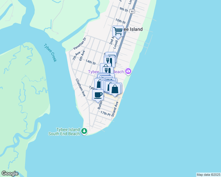 map of restaurants, bars, coffee shops, grocery stores, and more near 19 15th Street in Tybee Island