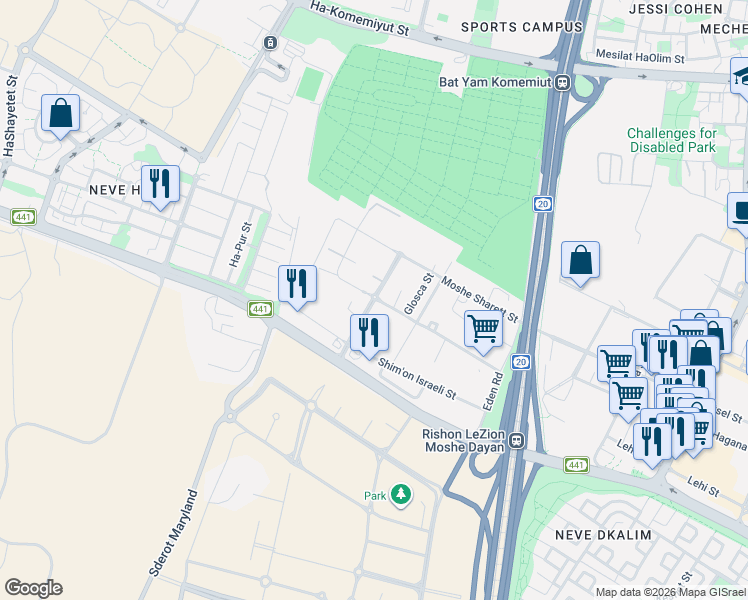 map of restaurants, bars, coffee shops, grocery stores, and more near Yosef Sapir Street in Rishon LeZion