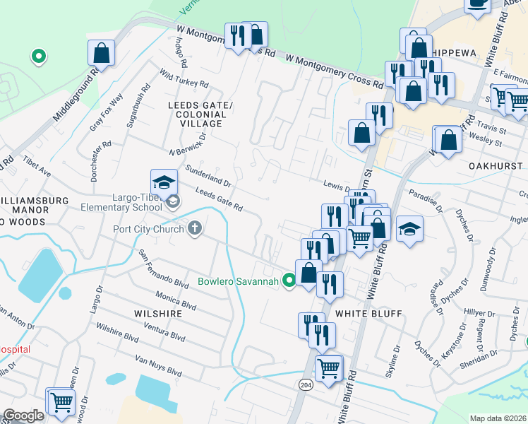 map of restaurants, bars, coffee shops, grocery stores, and more near 207 Sunderland Drive in Savannah