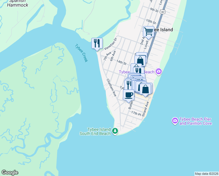 map of restaurants, bars, coffee shops, grocery stores, and more near 1518 5th Avenue in Tybee Island