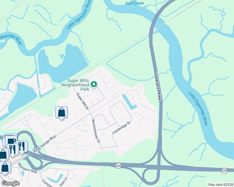 map of restaurants, bars, coffee shops, grocery stores, and more near 38 Orchid Lane in Savannah