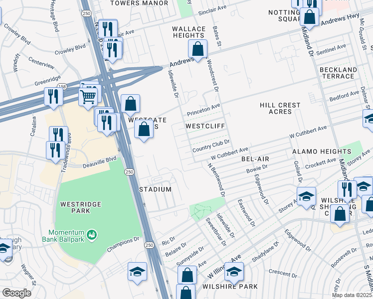 map of restaurants, bars, coffee shops, grocery stores, and more near 4801 Bedford Avenue in Midland