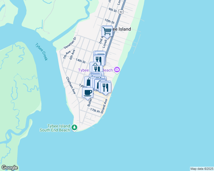 map of restaurants, bars, coffee shops, grocery stores, and more near 6 15th Street in Tybee Island