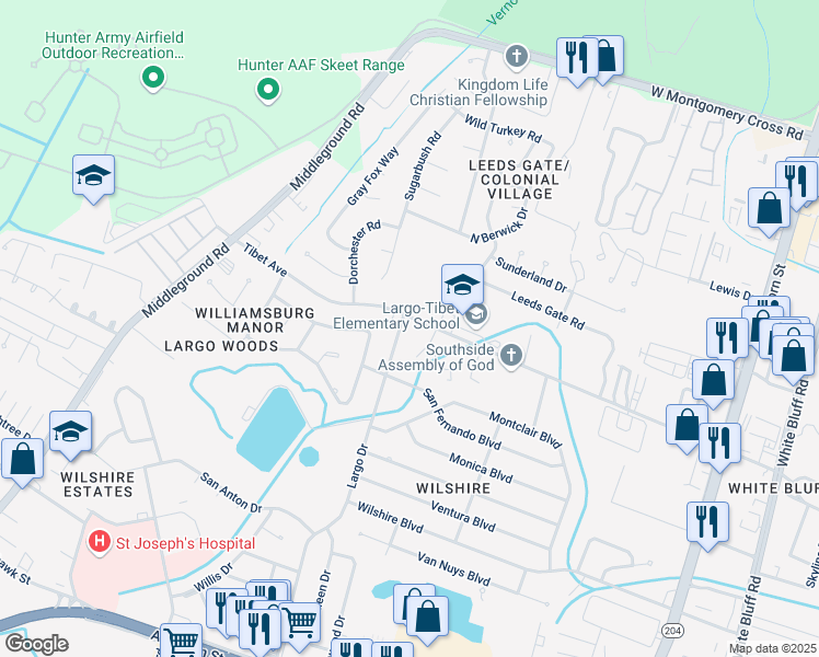 map of restaurants, bars, coffee shops, grocery stores, and more near 430 Tibet Avenue in Savannah