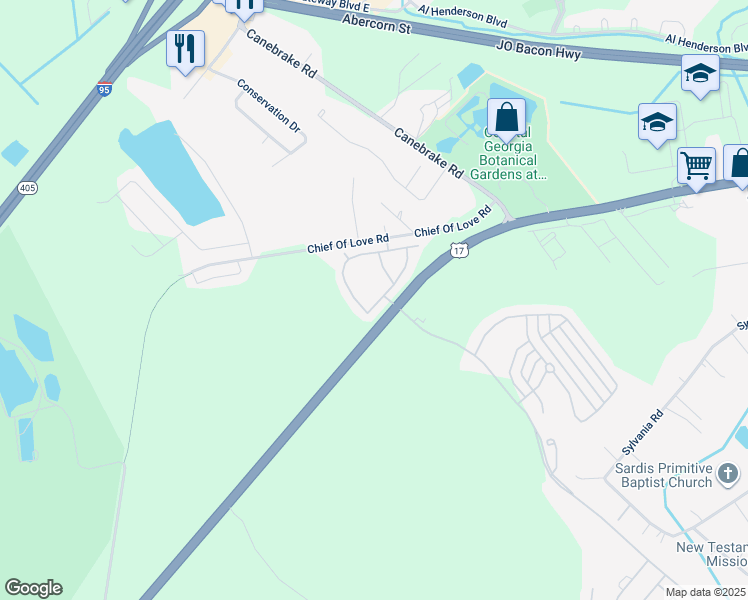 map of restaurants, bars, coffee shops, grocery stores, and more near 1228 Fords Pointe Circle in Savannah