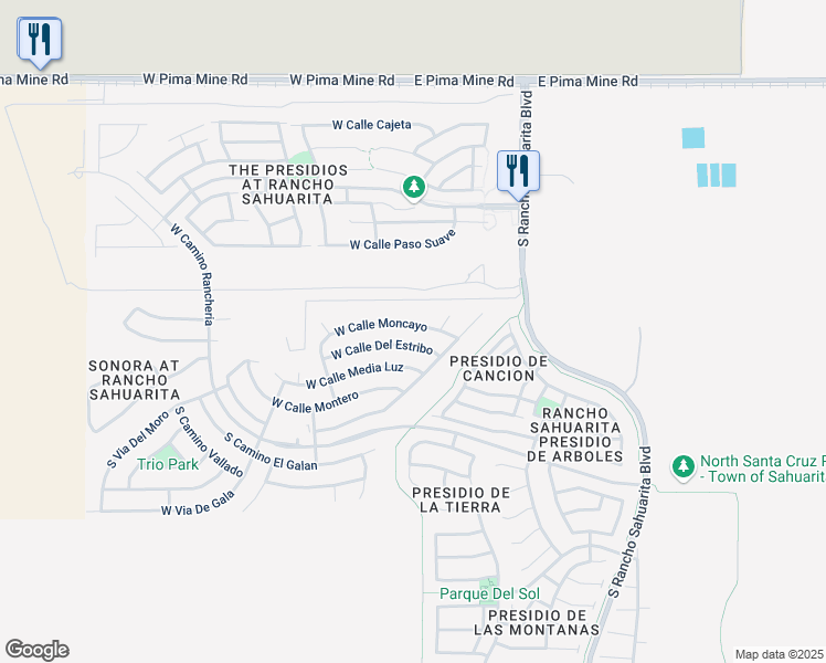 map of restaurants, bars, coffee shops, grocery stores, and more near 257 West Calle Moncayo in Sahuarita