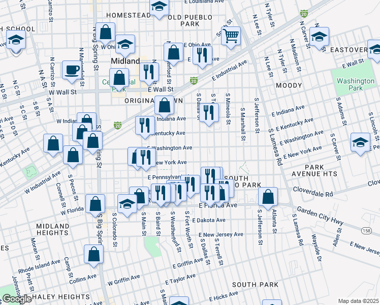 map of restaurants, bars, coffee shops, grocery stores, and more near 423 South Fort Worth Street in Midland