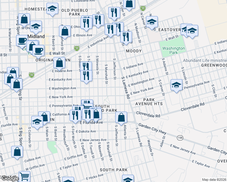 map of restaurants, bars, coffee shops, grocery stores, and more near 801-899 East Washington Avenue in Midland