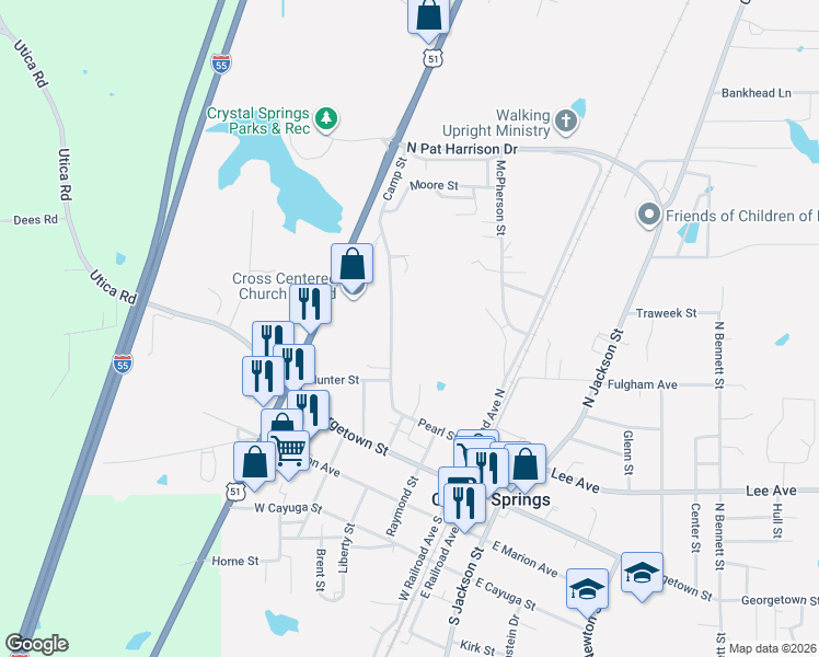 map of restaurants, bars, coffee shops, grocery stores, and more near 222 Camp Street in Crystal Springs