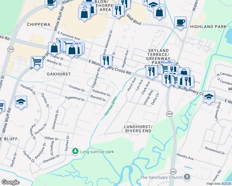 map of restaurants, bars, coffee shops, grocery stores, and more near 8602 Harmon Bluff Road in Savannah