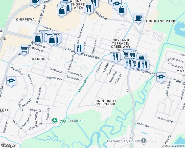 map of restaurants, bars, coffee shops, grocery stores, and more near 8602 Harmon Bluff Road in Savannah