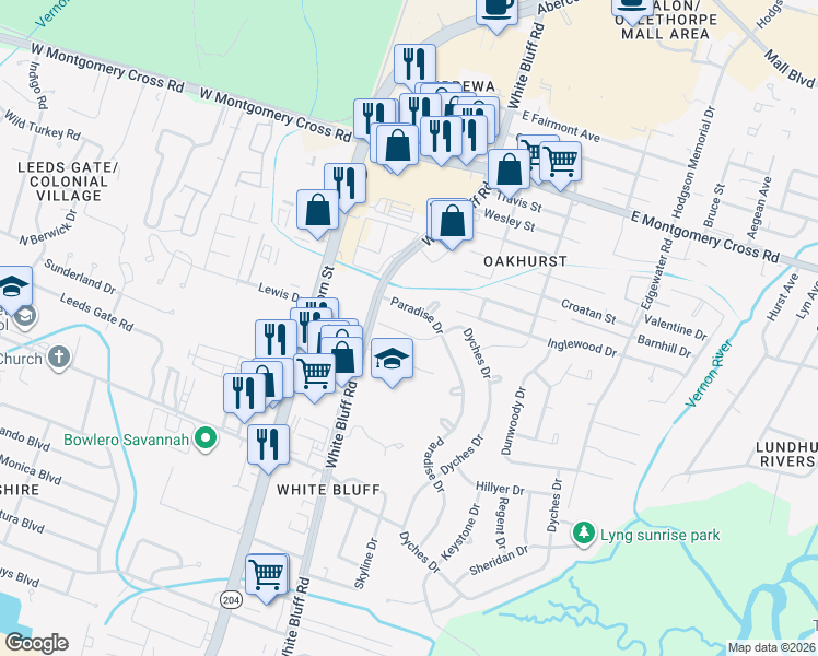 map of restaurants, bars, coffee shops, grocery stores, and more near 7 Paradise Drive in Savannah