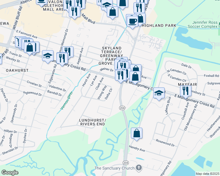 map of restaurants, bars, coffee shops, grocery stores, and more near 7 Delta Circle in Savannah