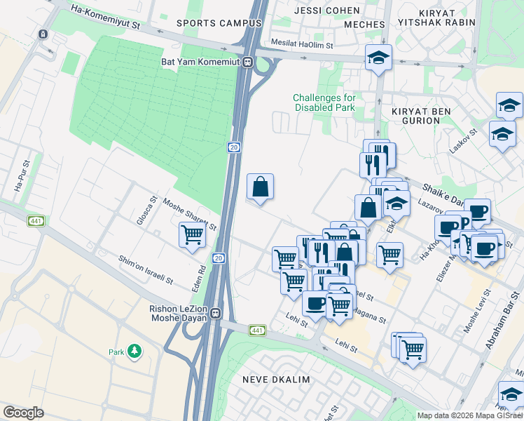 map of restaurants, bars, coffee shops, grocery stores, and more near 4 Noah Mozes Street in Rishon LeZion