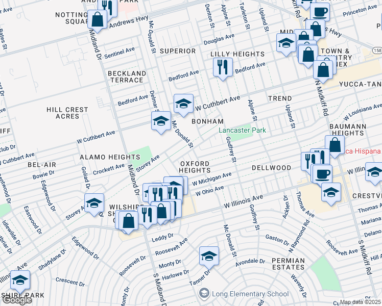 map of restaurants, bars, coffee shops, grocery stores, and more near 3802 West Kansas Avenue in Midland