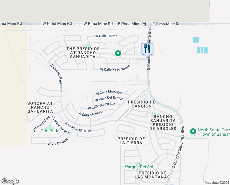 map of restaurants, bars, coffee shops, grocery stores, and more near 257 West Calle Moncayo in Sahuarita