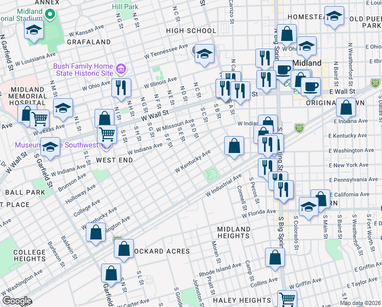 map of restaurants, bars, coffee shops, grocery stores, and more near 451 S E St in Midland