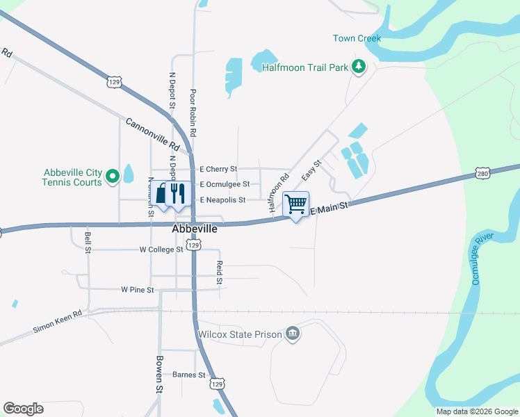 map of restaurants, bars, coffee shops, grocery stores, and more near 103 Isabella Street in Abbeville