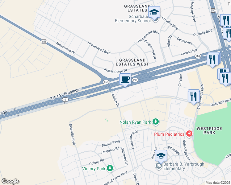 map of restaurants, bars, coffee shops, grocery stores, and more near Avalon Drive in Midland